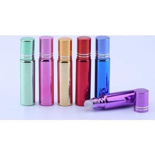 200pcs Empty 10ML UV Plating Shiny Colored Perfume Glass Roller Bottles Cosmetic Packing Container