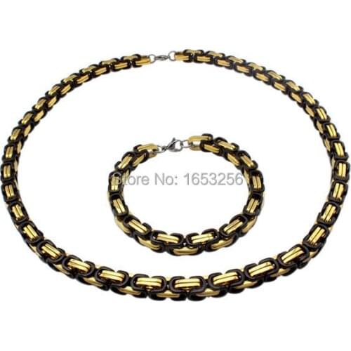 8.5mm Wide So Cool Black Gold 2-tone Box- Byzantine Chain Necklace & Bracelet Set Stainless Steel Jewelry Set In Mens Jewelry