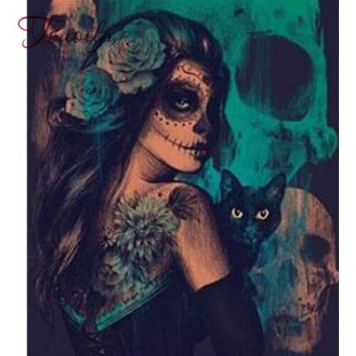 Diy 5d Diamond Painting Skull Cat Woman Cross Stitch Horror Halloween Needlework Home Decorative Full Square Diamond Embroidery
