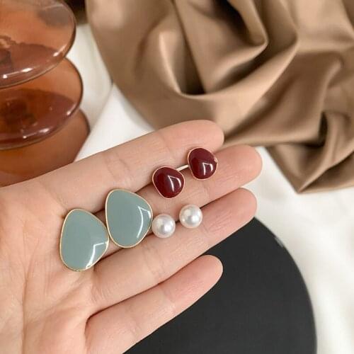 AOMU S925 Trendy 6Pcs/Set Multicolor Enamel Simple Geometric Irregular Small Pearl Stud Earring for Women Jewelry Accessories