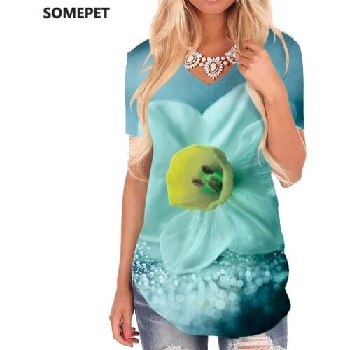 SOMEPET Flowers T Shirt Women Creativity V-neck Tshirt Art Shirt Print Womens Clothing Punk Rock Printed Streetwear High Quality
