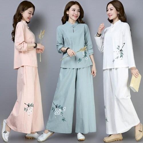 Spring China Women Retro Buckle Cheongsam Top + Cotton Wide-Leg Pants Chinese Style Vintage Elegant Lady Yoga 2 Piece Set TA1947
