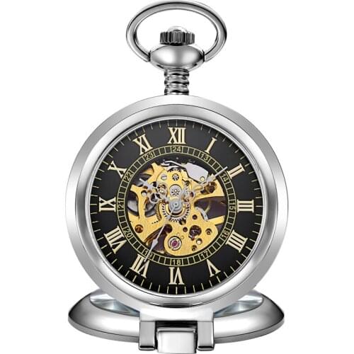 24 Hours Round Watch Necklace Vintage Skeleton Mechanical Fob Pocket Watches Pendant Hand Wind Unisex Clock Men Women Chain Gift