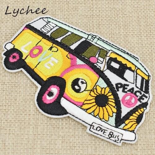 Lychee Colorful Flower Love Peace Bus Sewing Iron On Patch Badge Embroidery Clothes Decor DIY Appliques Craft