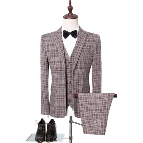 Iwhanker Lattice Men Suits Wedding Slim Fit Groom Tuxedo 3 Piece Wedding Suits Male Business Formal Blazer (Jacket+Pant+Vest)