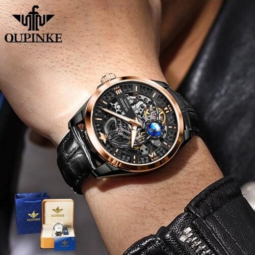 OUPINKE Men Mechanical Watch Luxury Automatic Watch Leather Strap Sapphire Mirror Waterproof Sports Wristwatch 40MM Montre Homme