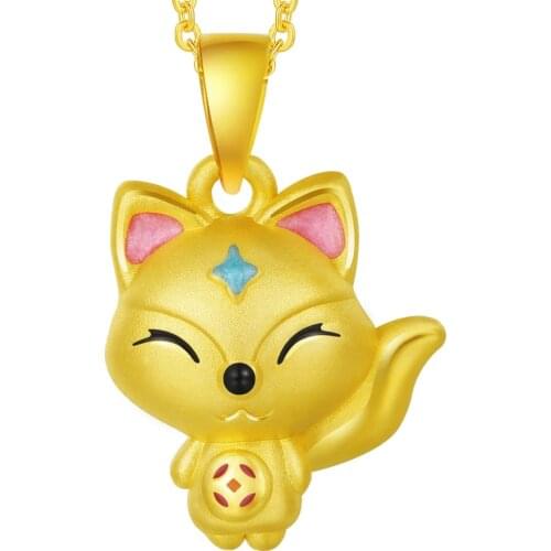 New 24K Yellow Gold Pendant 3D 999 Gold Fox Coin Girl Necklace Pendant