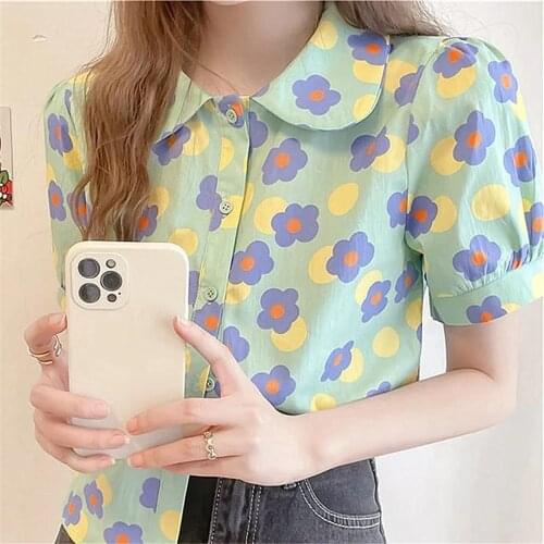 Flowers Print Shirt Girl Funny Summer Cute Shirt Women Korean Kawaii Loose Tops Japanese Clothes Half Sleeve Harajuku Shirt