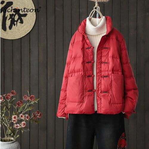 Schinteon Women Chinese Style Down Jacket Stand Collar Vintage Light White Duck Down Coat Autumn Winter Warm New Loose Outwear