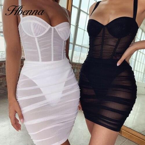 Hbenna Sexy Bodycon Dresses Women Solid Mesh Transparent Skinny Hollow Out Sleeveless Backless Mini Dresses Women Clubwear 2021