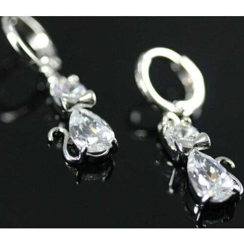 Cat Earrings Pendants Rhodium Zircon Silver Plated White Zircon Jewelry Anti Allergic Kat