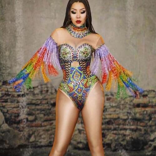 Sexy Tassel Glisten Crystals Bodysuit Fringe Sleeve Rhinestones Tights Stage Wear Bar DJ Sexy Singer Dancer Dance Costume