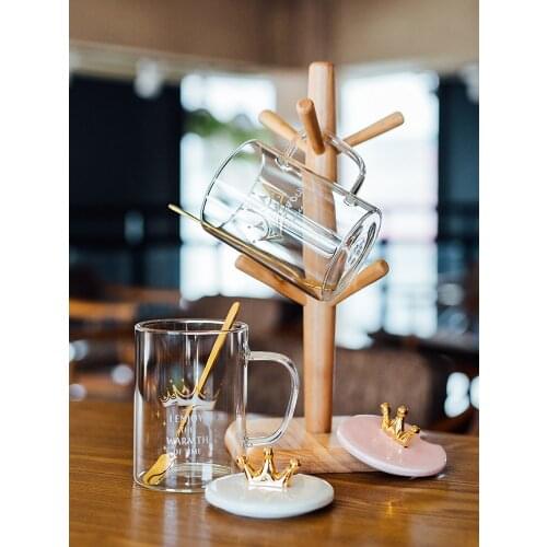 Crown Glass Cups Milk Coffee Mug High Boron Silicon Double-deck Big Transparent Travel Mug Double Wall Glass With Lid