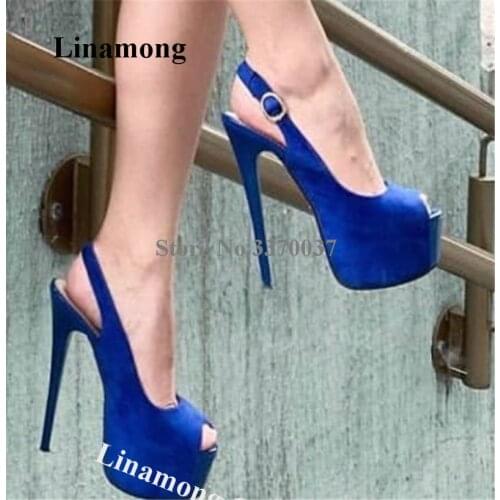 Linamong Classical Style Peep Toe Suede Leather High Platform Stiletto Heel Pumps Blue Cut-out High Heels Club Dress Shoes