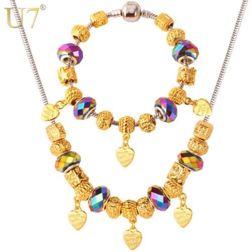 U7 DIY Beads Necklace Set Gold Color Rhinestone Heart Necklace Bracelet Womens Gift Jewelry Set S598