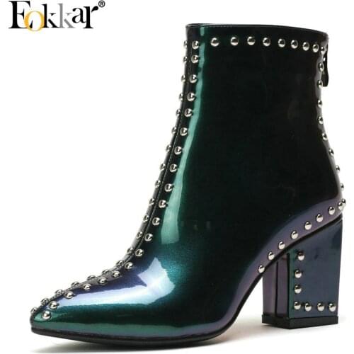 Eokkar 2020 Women Ankle Boots Pointed Toe Patent Leather Square High Heel Winter Boots Rivet Sexy Elegant Ladies Boot Size 34-42