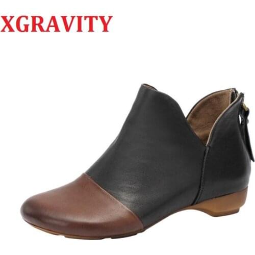 XGRAVITY 2021 Soft Hand-made Lady Cow Genuine Leather Ankle Boots Zipper Designer Round Toe Boots Woman Winter V Cut Shoes S036