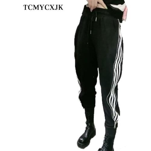 2021 Women Pants Autumn New Style Zipper Side Stripes Plus Velvet Thick Loose Harlan Trousers Feet Wearing Casual Pants Women