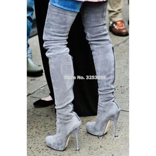 ALMUDENA Women Elegant Grey Suede Thin High Heels Knee High Tall Boots Back Zipper Long Boots Gladiator Shoes Dropship