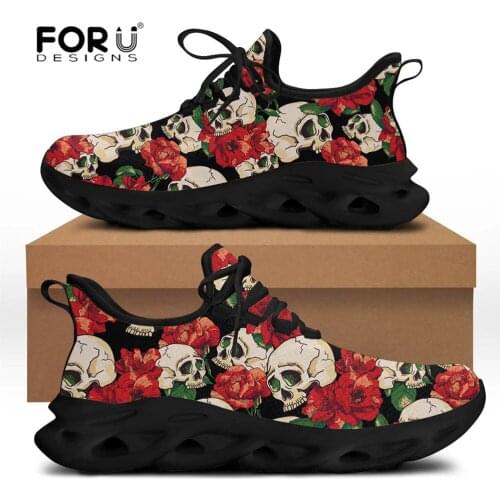 FORUDESIGNS Flats Shoes Women Skull With Red Rose Pattern Spring Casual Walking Sneakers Fashion Breathable Lace Up Footwear