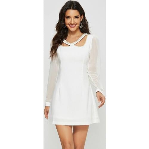 2021 Spring Summer White Dress Women Long Sleeve Mini A Line Dress Ladies Sheer Casual Elegant Dinner Dresses for Women Roupas