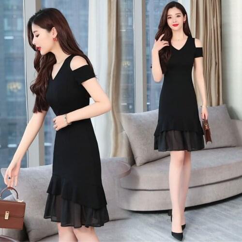 2020 Womens Dress A-line Summer New Ladies Temperament Slim Vestidos Casual Slimming Strapless V-neck Black Dress Women Q191