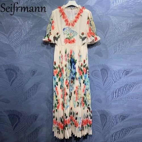 Seifrmann New 2021 Summer Women Fashion Runway Party Long Dress Flare Sleeve Gorgeous Appliques Crystal Pleated Dresses Vestidos