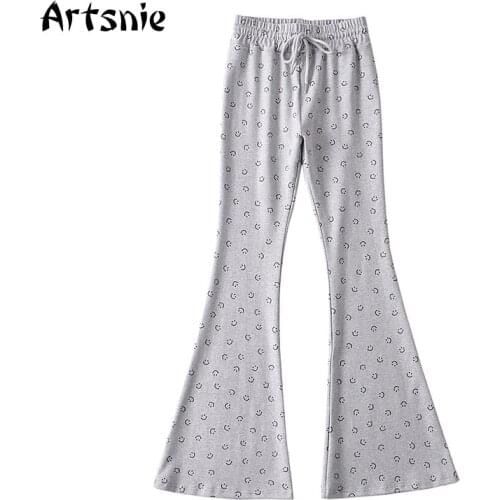 Artsnie Spring 2021 High Waist Smile Cartoon Flare Pants Women Streetwear Casual Gray Trousers Knitted Ladies Long Pants Mujer