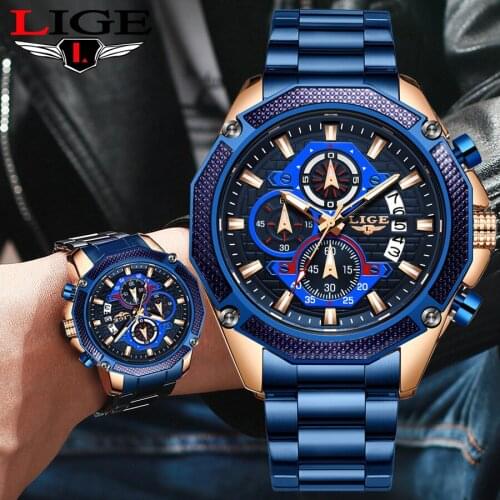2019 LIGE new mens sports chronograph top brand luxury watch mens fashion business waterproof quartz watch large dial blue col
