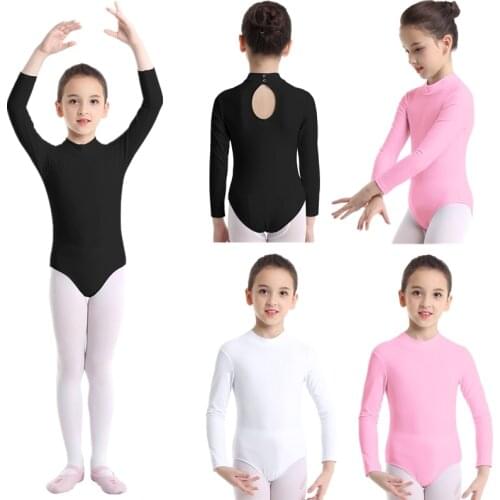 Kids Girls Ballet Gymnastics Leotard Mock Neck Long Sleeves Bodysuit Jumpsuit Childrens Dance Costume for Girls Child Dancewear