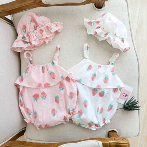 Newborn Baby Bodysiuts Sweet Straps Strawberry Print Rompers Playsuits Girl Clothes Sleeveless Jumpsuit and Sunhat 2pcs Set