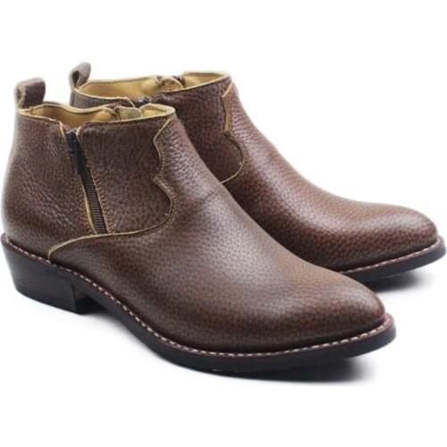 Western Cowboy Boots Ankle Zip Brown Embossing Cowhide Genuine Leather Work Boots Men Pointed Sewing Outdoor Boots Botas Hombre