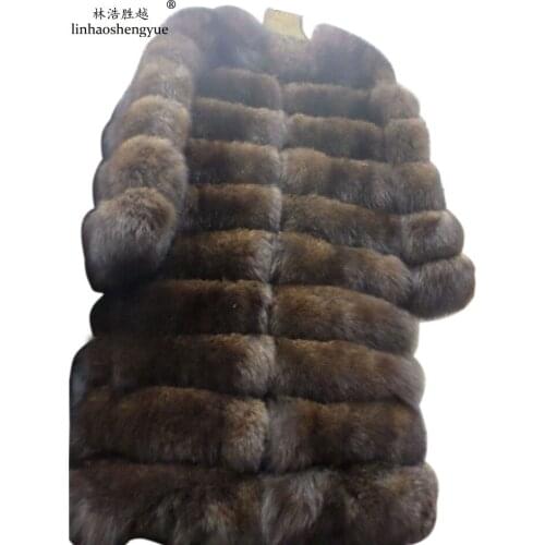 Linhaoshengyue 100cm Genuine Natural Fox Fur Coats Imitation Mink with Sleeve