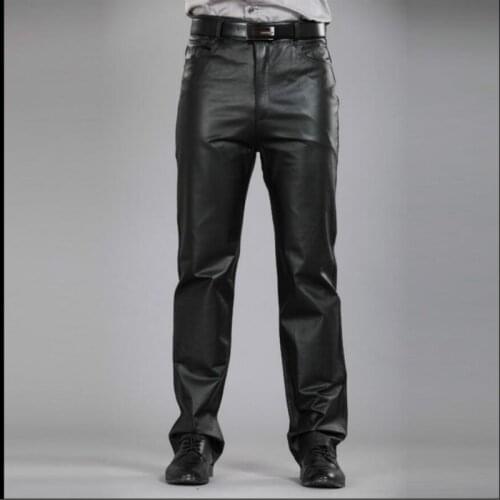 M-7xl Winter Haining Leather Pants Mens Genuine 100% Leather Straight Pants Slim Trousers Thick Warm Pants Motorcycle Pants