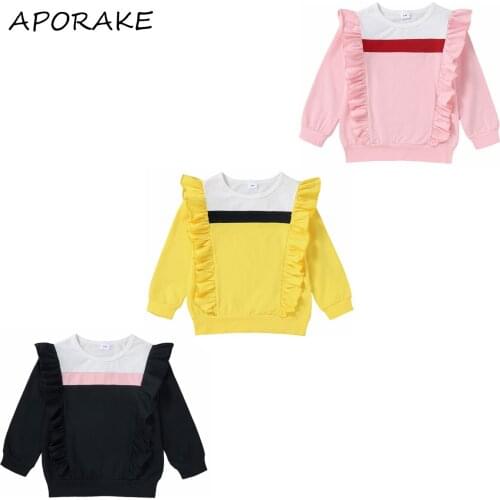 2021 0-6Y Toddler Baby Girls Sweatshirt Sweet Round Neck Long Sleeve Ruffled Striped Patch Spring Autumn Pullover Top