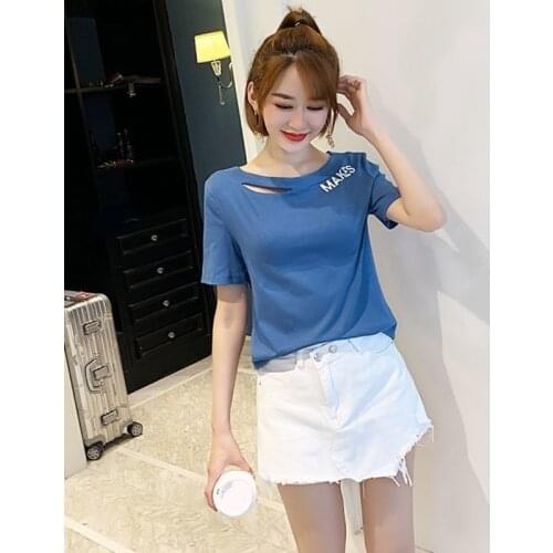 Fashion Neckline Cutout Printed Letter Short Sleeve T-shirt Women Summer New Loose Simple Cotton Short Sleeve