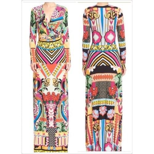 Italy fashion show long dress fashion print V collar long sleeved slim stretch SLIK jersey plus size