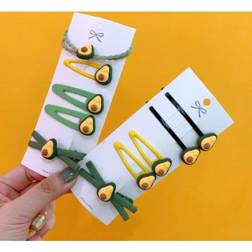 5Pcs/set Cute Green Avocado Hairpin Kawaii Fruit Hair Clips Flower Rubber Bands Women Girls Hair Accessories Set for kid