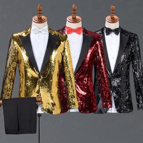New Mens Pointed Collar Suit Sequin Suits Costumes Bar Nightclub Dj Stage Host Singer Chorus Costume Wedding Formal Dress
