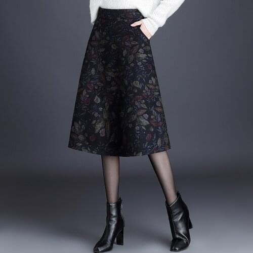 Winter Autumn New Womens High Waisted Floral Printed Woolen Skirt , Korean Fall 4xl A Line Flower Wool Skirts for Woman
