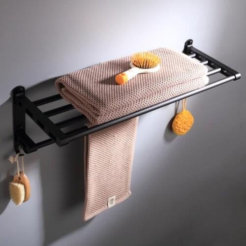 Black 2Layer Alumimum Alloy Bathroom Towel Rack Holder Wall Mounted Storage Hanger Kitchen Hotel Towel Clothes Shelf With 2Hooks