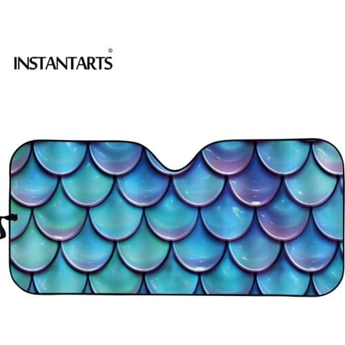 INSTANTARTS Car Front Window Visor Mermaid Scales Blue Print Car Pattern Windshield Sunshade Floating Coral Auto Sun Shade