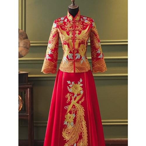 Gold Embroidery Luxury Chinese Traditional Couple Wedding Clothing Long Cheongsam Stylish Elegant Bride китайская одежда