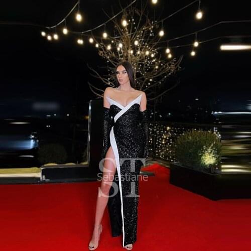 Elegant Splicing Mermaid Prom Dresses With Long Gloves Strapless Red Carpet Evening Gowns High Slit Sexy Sequins Party Gown