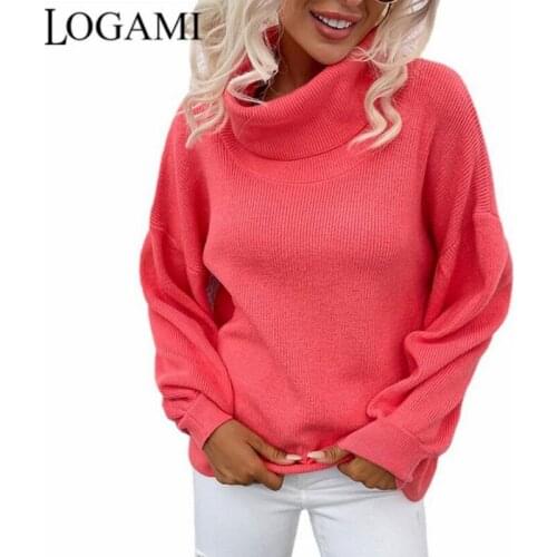 LOGAMI Saddle Shoulder Lantern Sleeve Knitted Sweater and Pullover Womens Autumn Winter Thick Turtleneck Pullovers