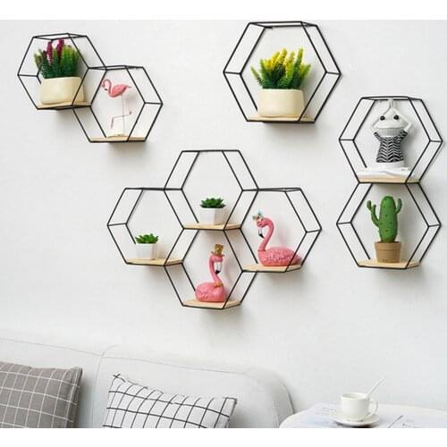 Iron Storage Holder Wall-mounted Multifunctional Nordic Style Geometric Firm Hexagonal Shelf for Home