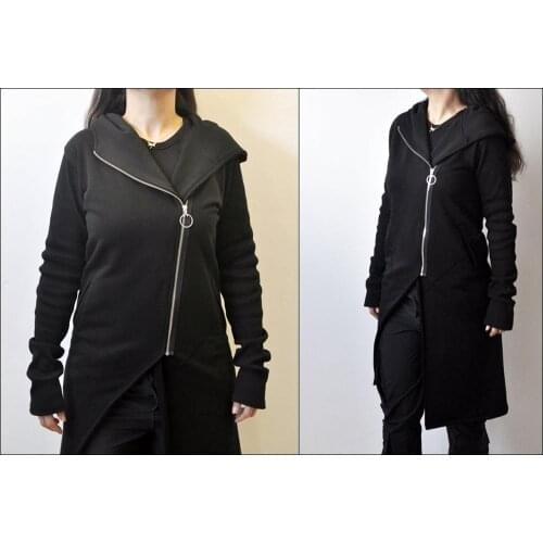 Women Cloak Hood Long Asymmetric Front Cut // Asym. Zip Closure // Overlong Rib Sleeve Hoodie Cotton Fleece Long Sleeve