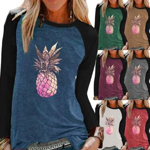 Ladies Autumn/Winter Round Neck Raglan Sleeve T-Shirt Pineapple Color Printing Top Plus Size Casual Long Sleeve Top XS-5XL