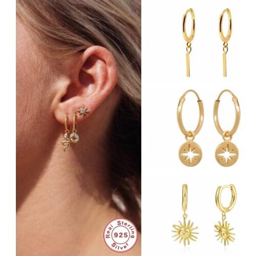 Genuine 925 Sterling Silver Trendy Punk Huggies Drop Earrings For Women Couple Anniversary Wedding Pendientes Earring Jewelry