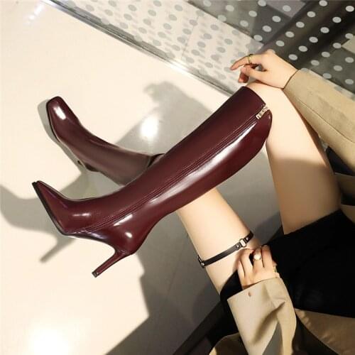 2020 INS Luxury Women Black High Heels Long Boots Winter Knee High Boots Designer Patent Leather Thigh High Boot Plus Size Shoes